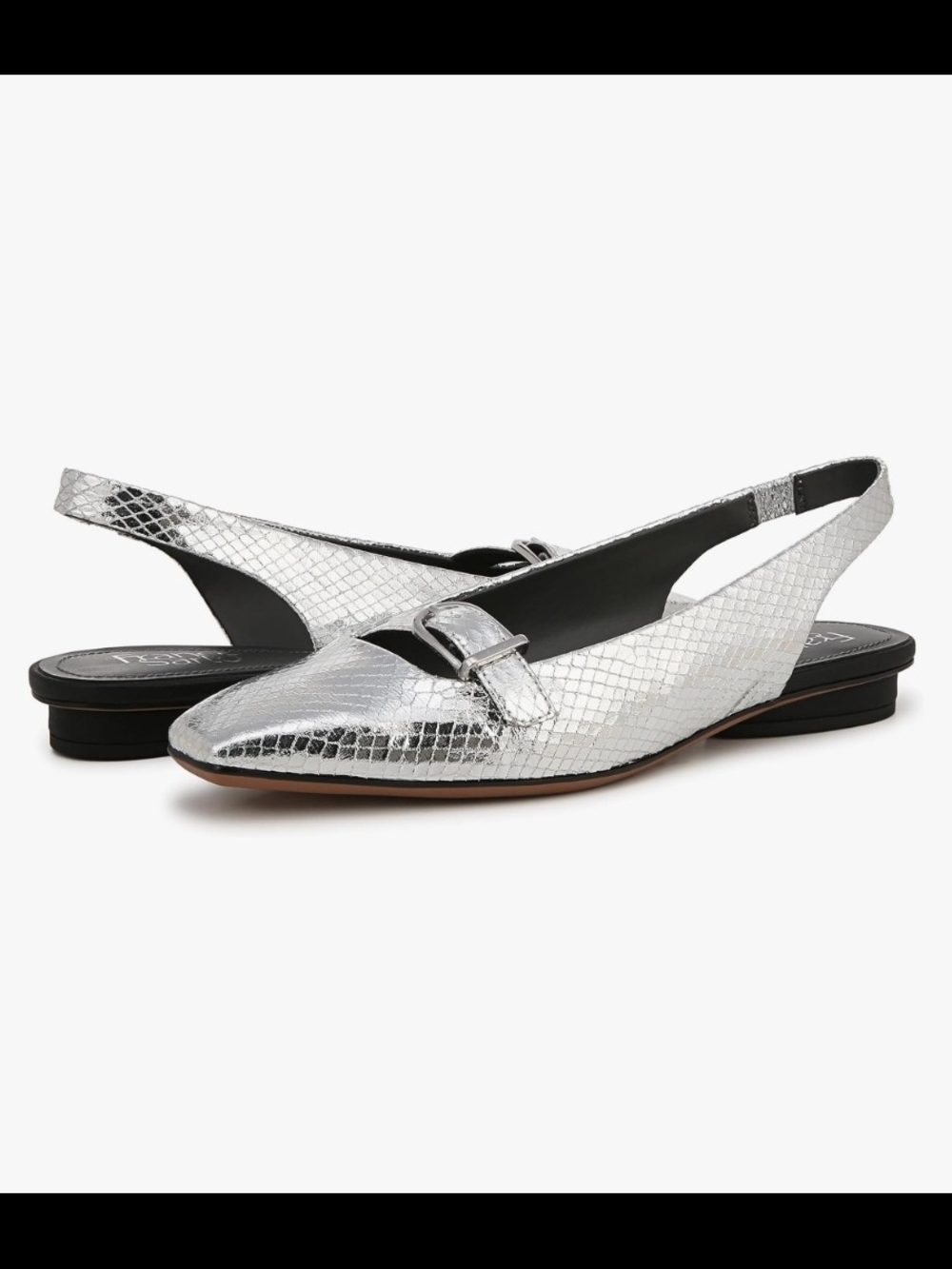 Franco Sarto Silver Metallic Snakeskin Slingback Loafers with Buckle Detail 6M